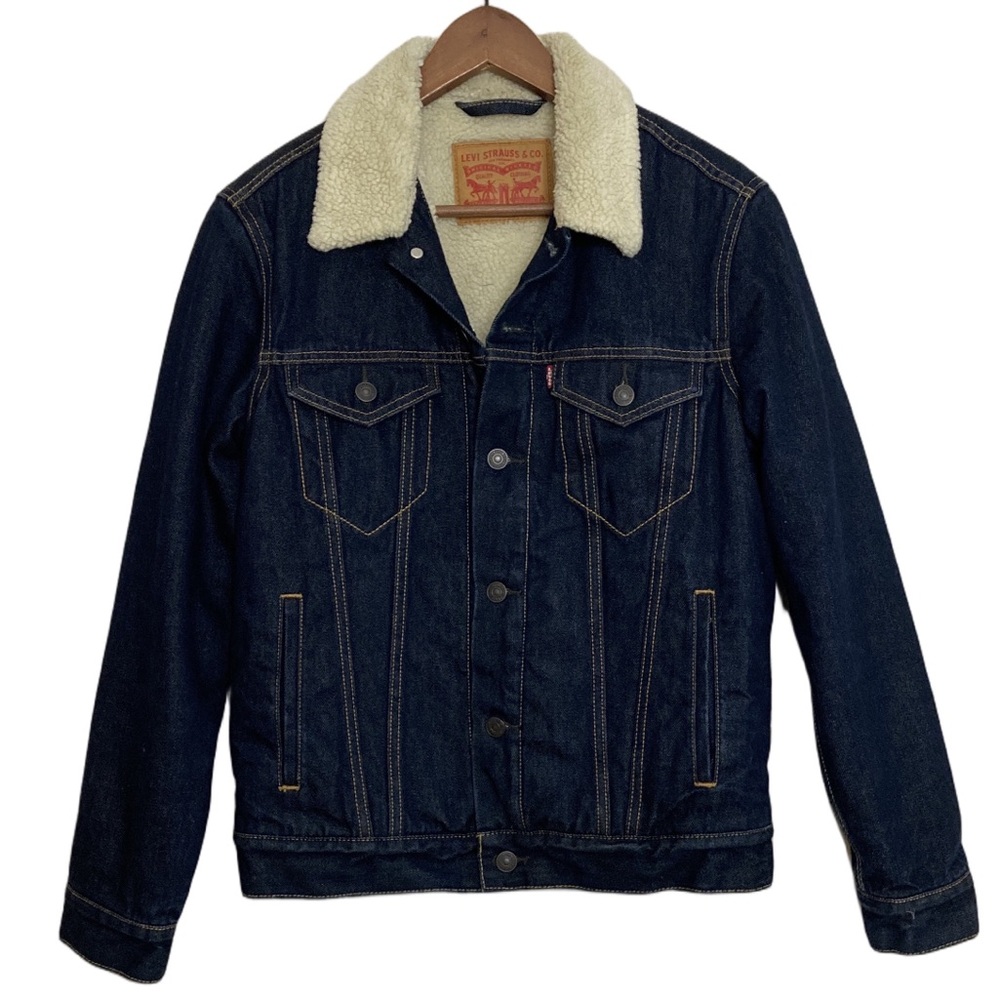 Levi's Sherpa Trucker Jacket Mens Small Dark Blue Denim Fleece Lined Workwear